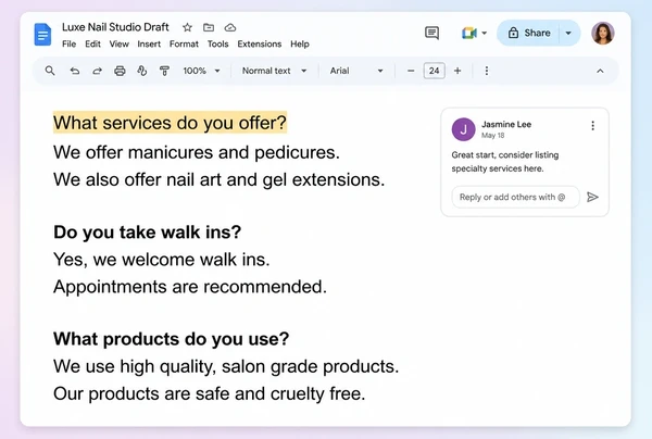 A Google Docs draft for a nail studio with three question headings and a short answer under each
