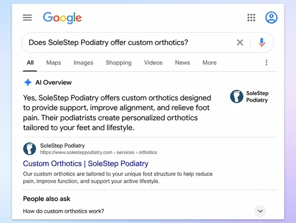 A Google results page where a generated answer about a podiatry practice service names the business