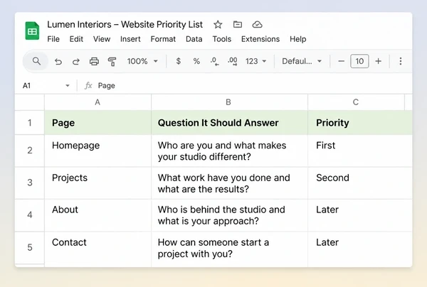 A Google Sheets priority list for an interior design studio ranking four pages by the question each answers