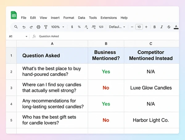A Google Sheets prompt log for a candle maker showing which questions mentioned the business