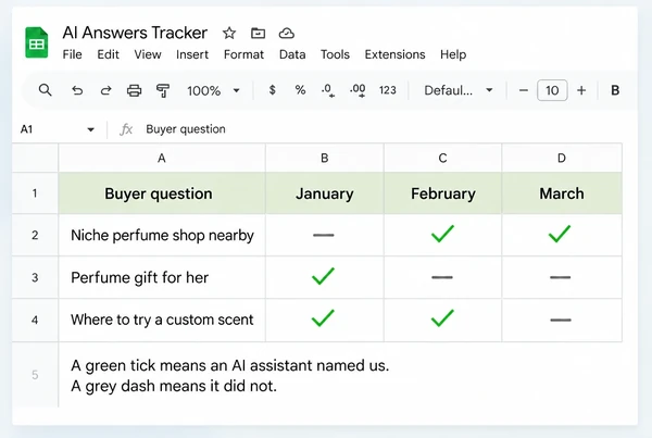 A Google Sheets tracker for a perfumery showing three questions checked across three months