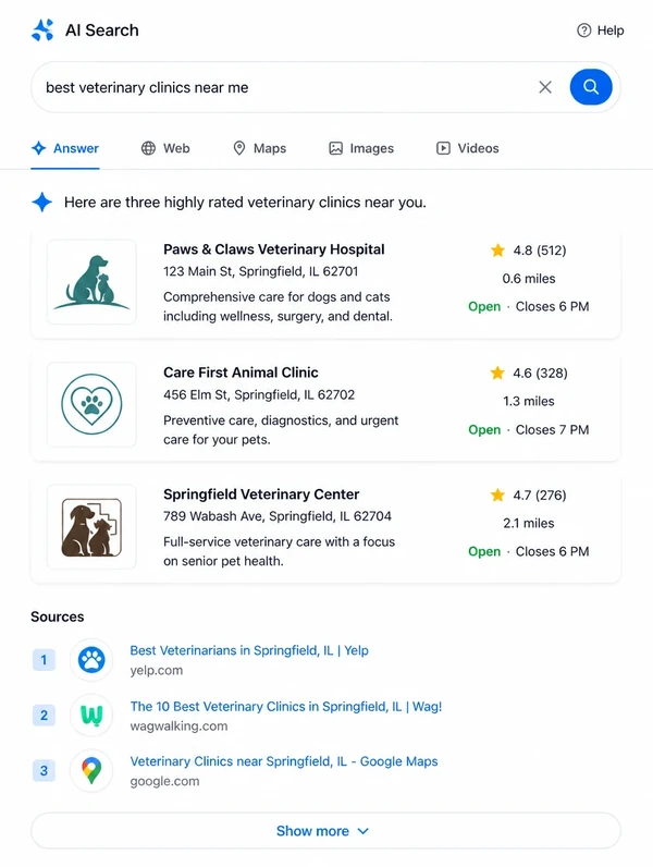 A mobile AI search answer listing three veterinary clinics, with its cited sources