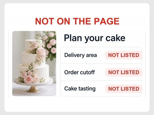 Maison Petal's Plan your cake panel marks Delivery area, Order cutoff and Cake tasting as Not Listed beneath a tiered cake