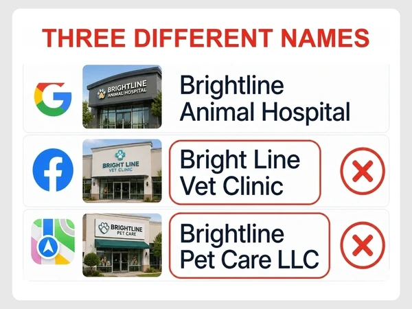 Brightline Animal Hospital also appears as Bright Line Vet Clinic and Brightline Pet Care LLC across three profile strips