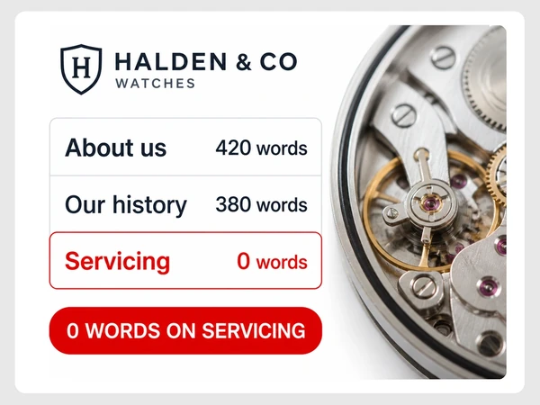 Halden & Co Watches lists 420 words about itself, 380 on its history, and zero on servicing.
