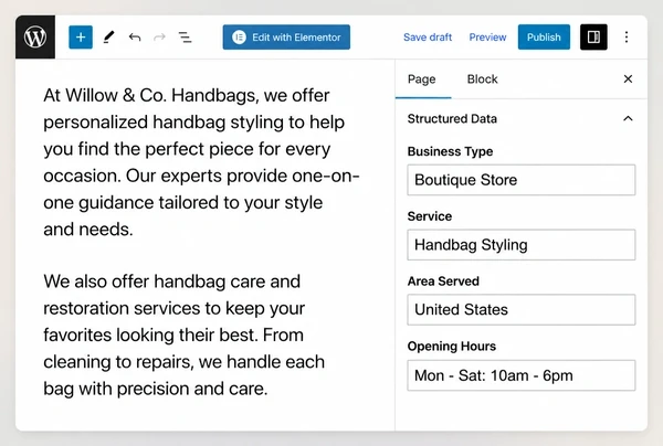 A WordPress editor for a handbag brand page with four structured data fields filled in