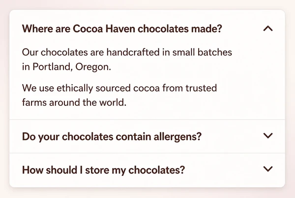 A chocolate maker page with three question headings, the first answered in two short lines