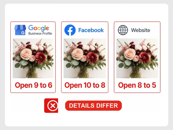 Wildrose Florist shows conflicting opening hours on Google Business Profile, Facebook, and its website.