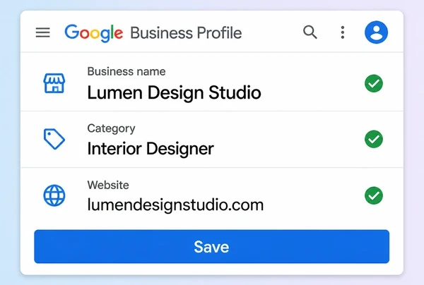 A Google Business Profile screen showing the studio name, category and website all matching