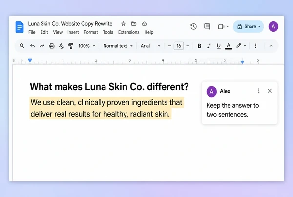 A Google Doc showing a question heading, a highlighted short answer and one editor comment