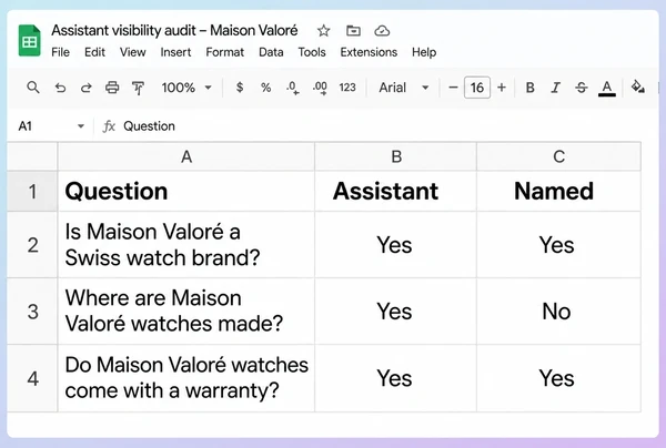 A Google Sheets audit listing three buyer questions and whether the brand was named in the answer