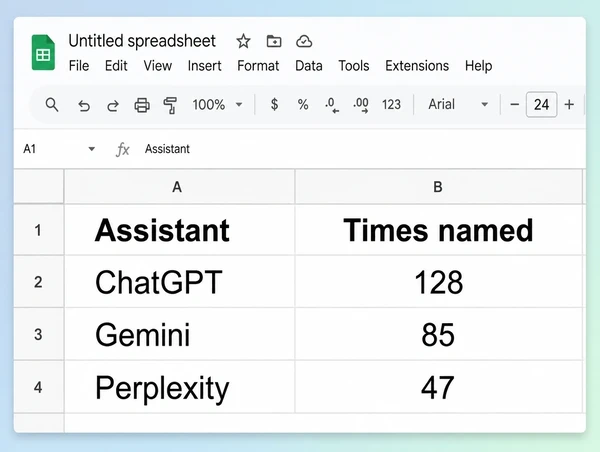 A Google Sheets tab counting how many times three AI assistants named the brand
