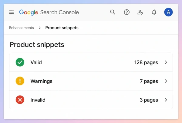 A Search Console enhancement report showing valid, warning and invalid structured data rows