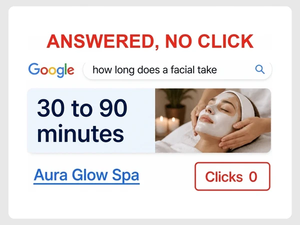 Google answers how long a facial takes before Aura Glow Spa, leaving the spa with zero clicks.