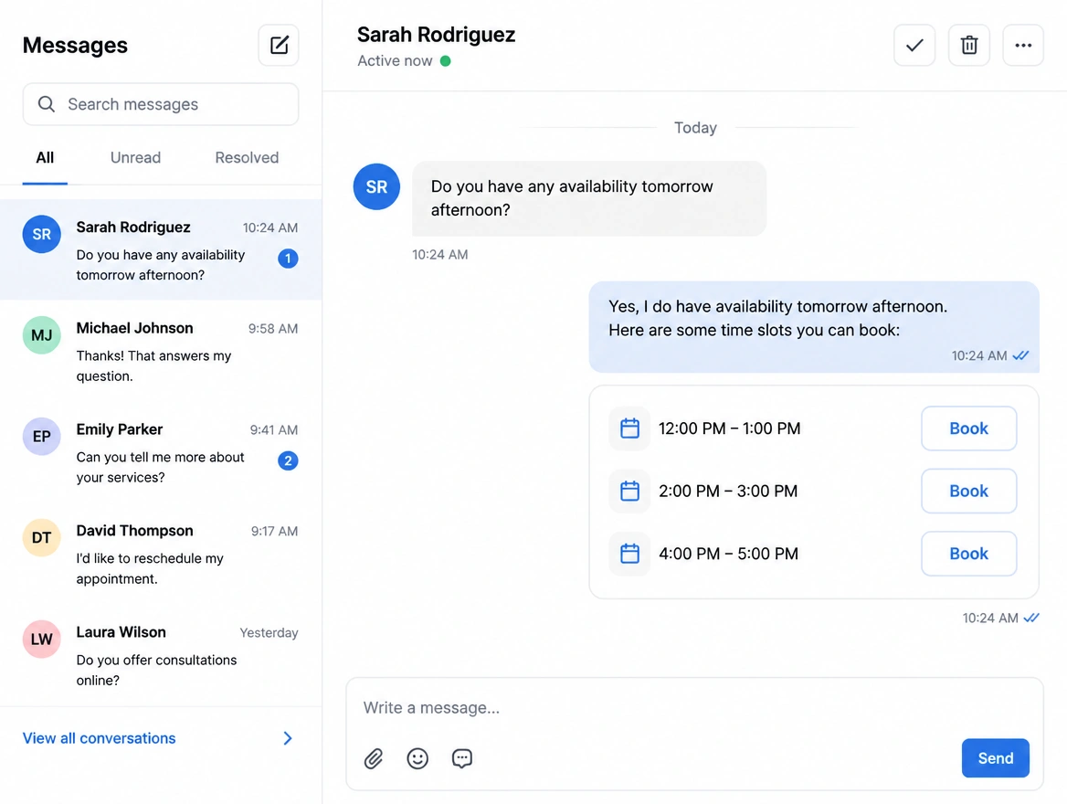 Message thread where a customer question is answered and a booking is taken