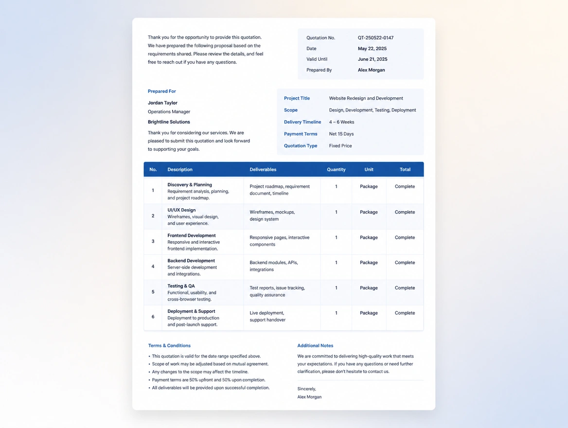Website mockup showing quote and invoice flows