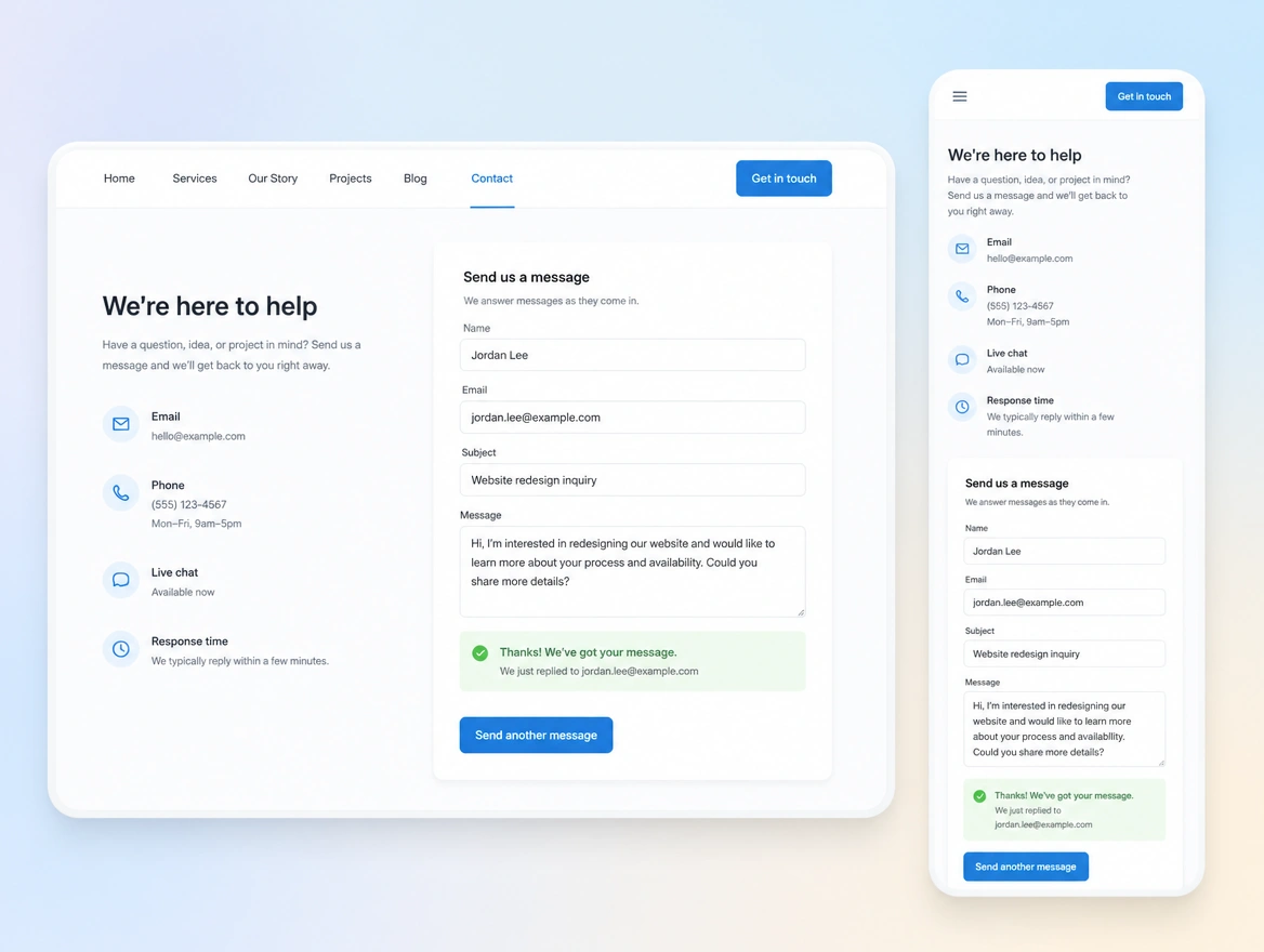 Website mockup showing instant lead response