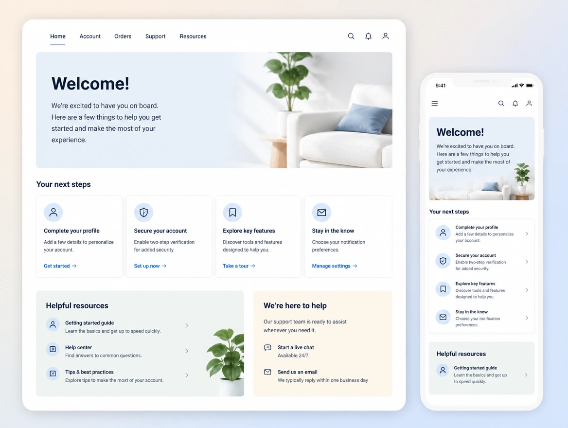 Website mockup showing onboarding and handover