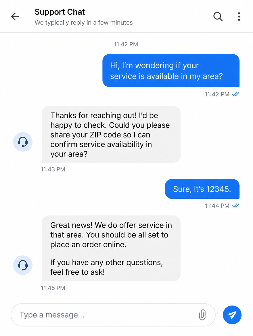 Mobile chat answering a service coverage question at night