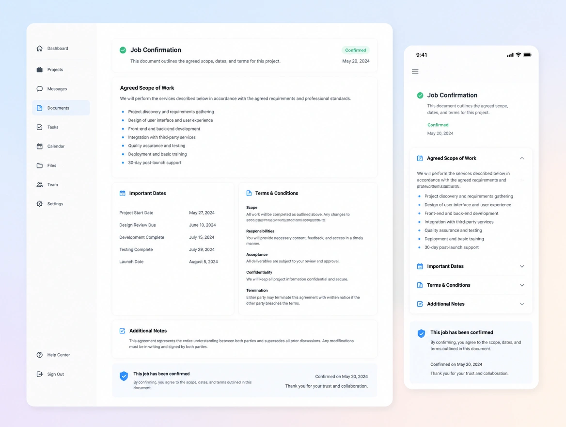 Website mockup showing quote and invoice flows