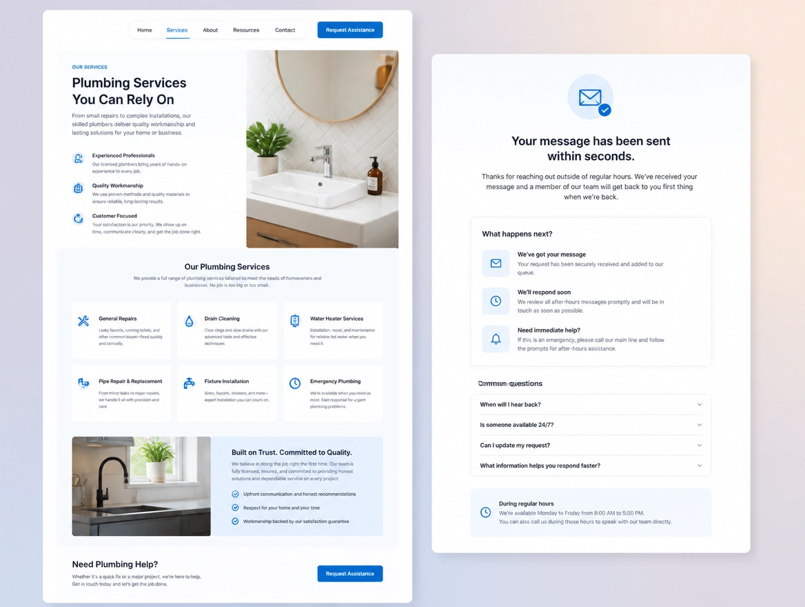 Website mockup showing instant lead response
