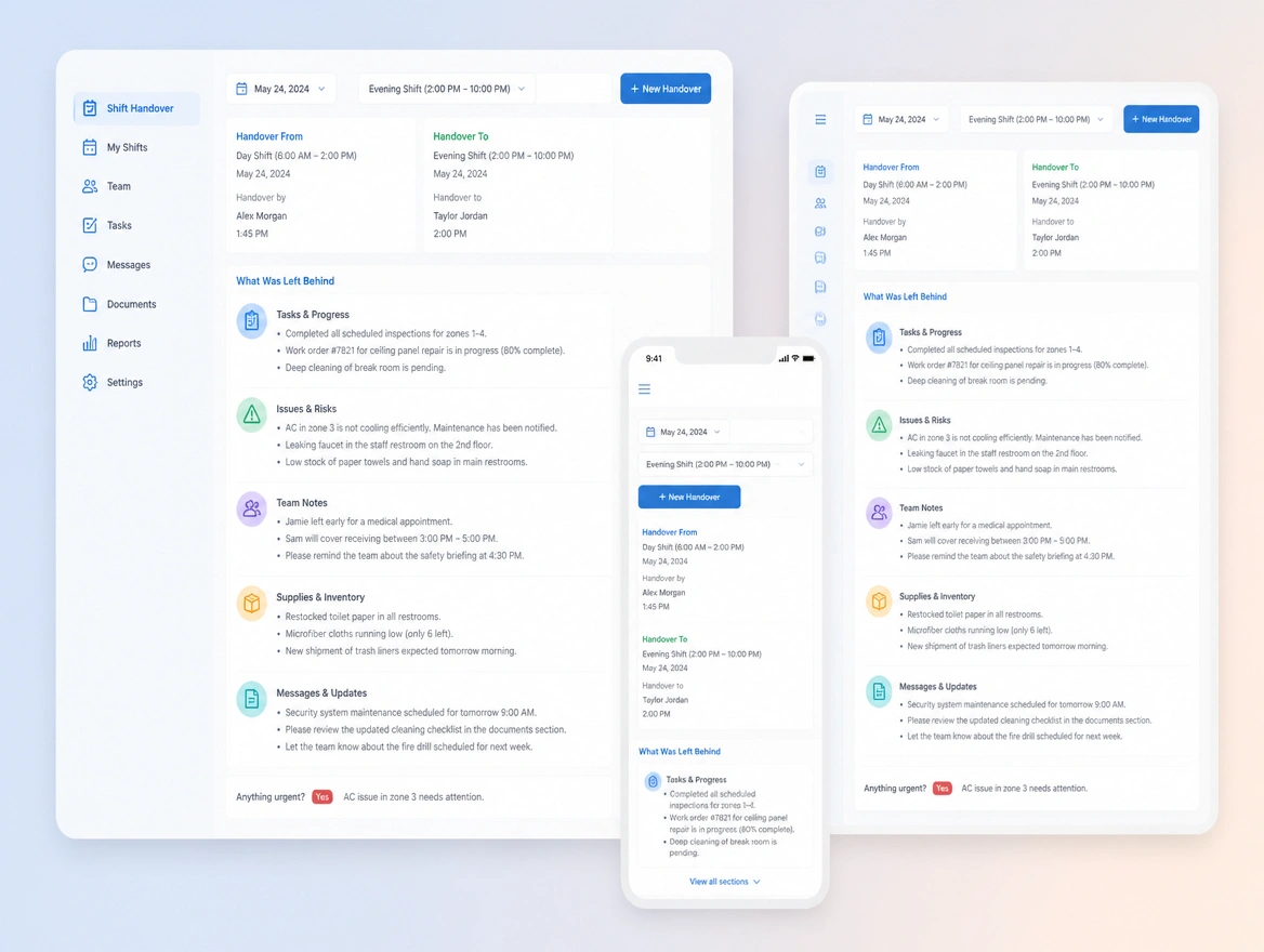 Website mockup showing onboarding and handover