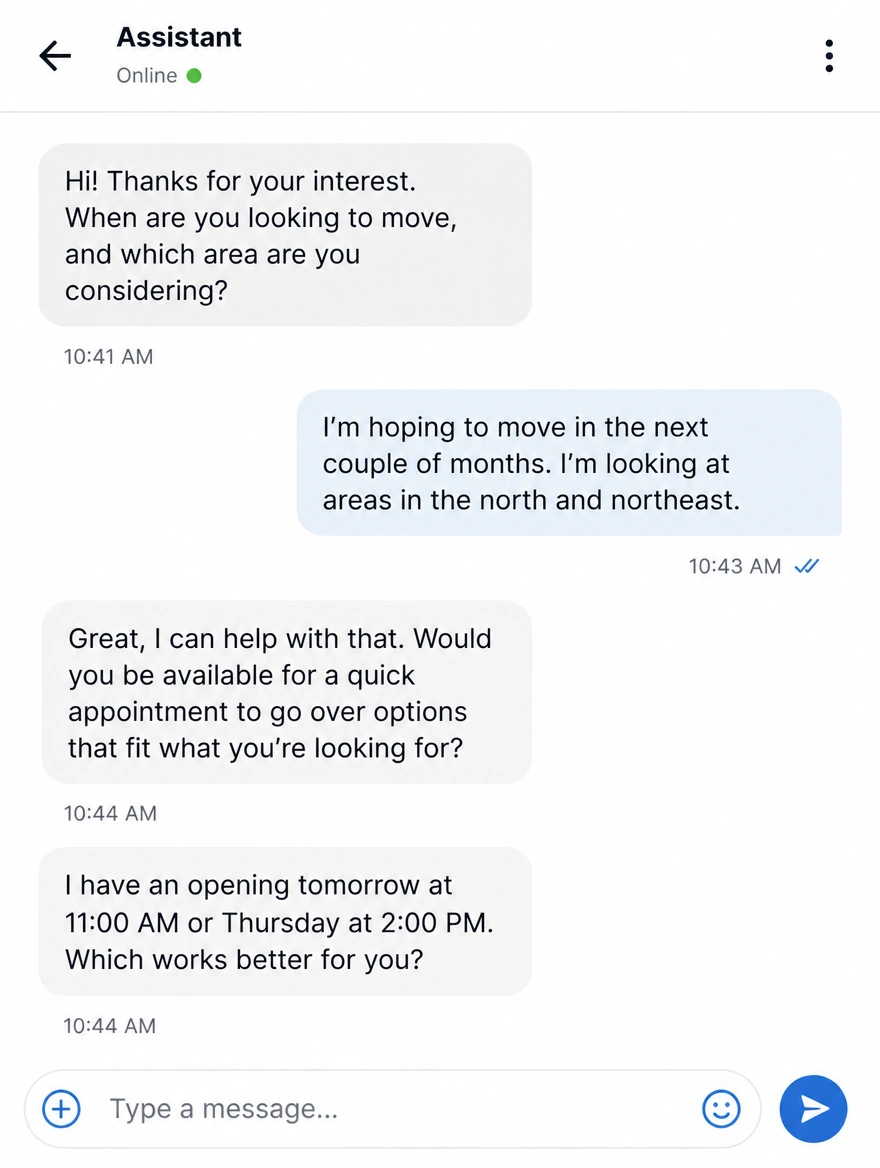 Mobile chat qualifying a buyer and offering an appointment slot