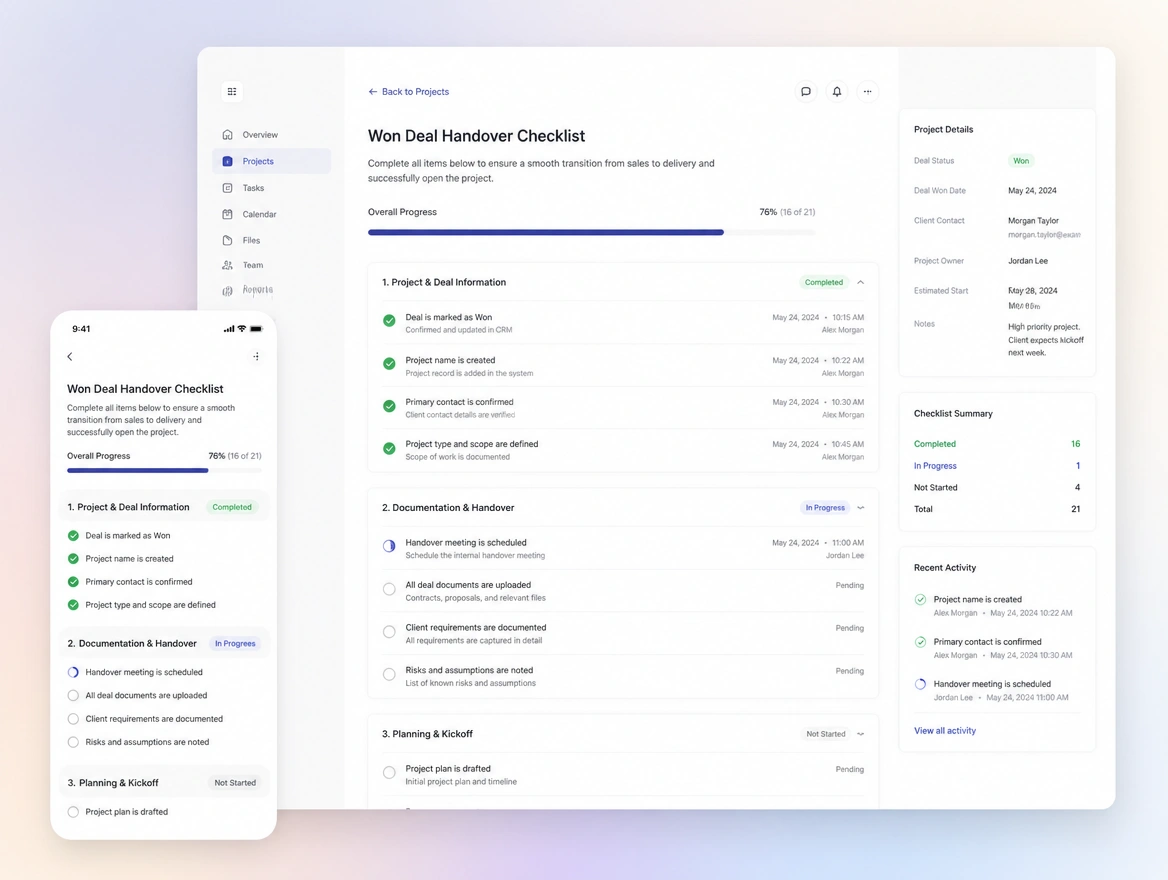 Website mockup showing onboarding and handover