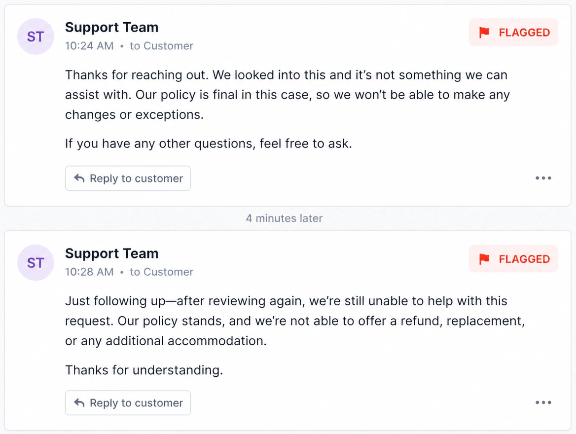 Two sales replies sent to the same customer within minutes