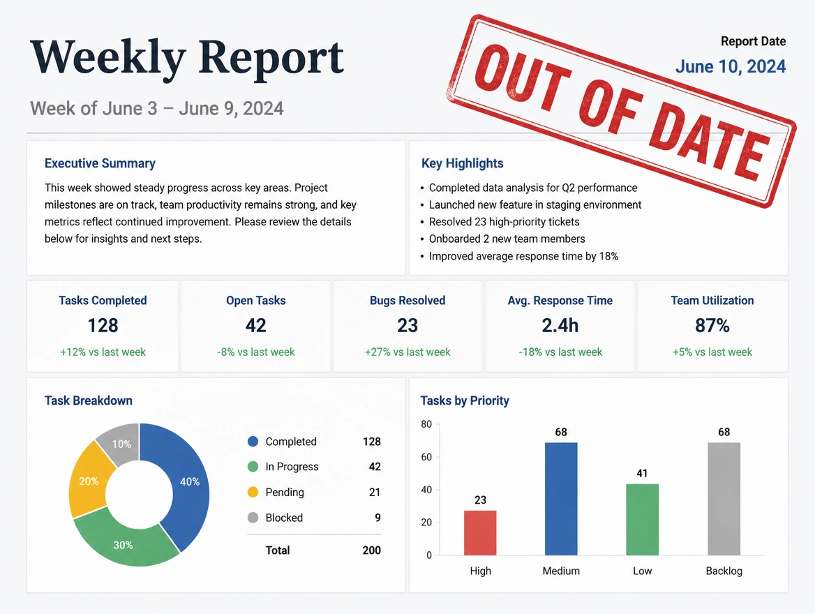 A hand built weekly report already out of date when finished