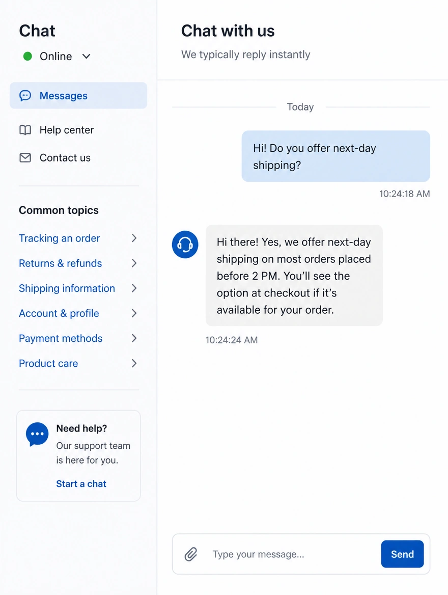 Chat thread showing a customer answered seconds after asking