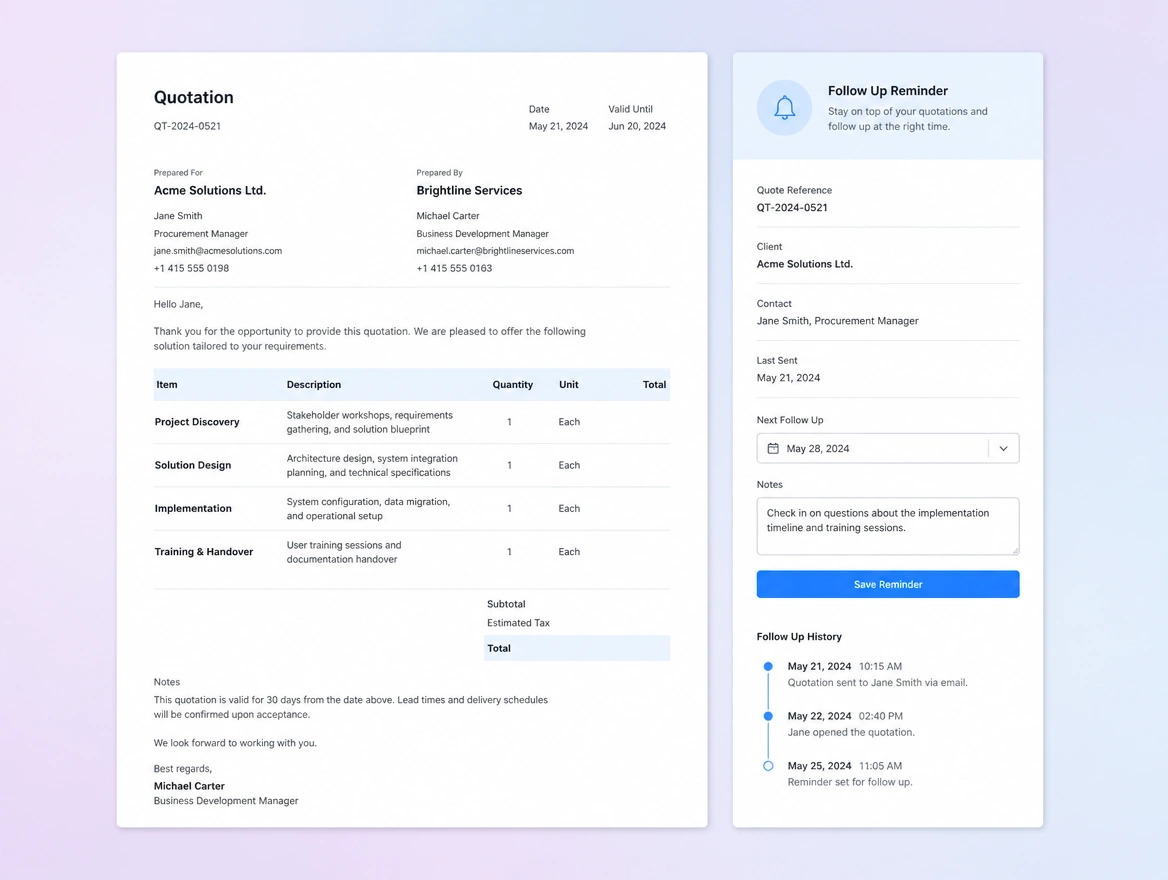 Website mockup showing quote and invoice flows