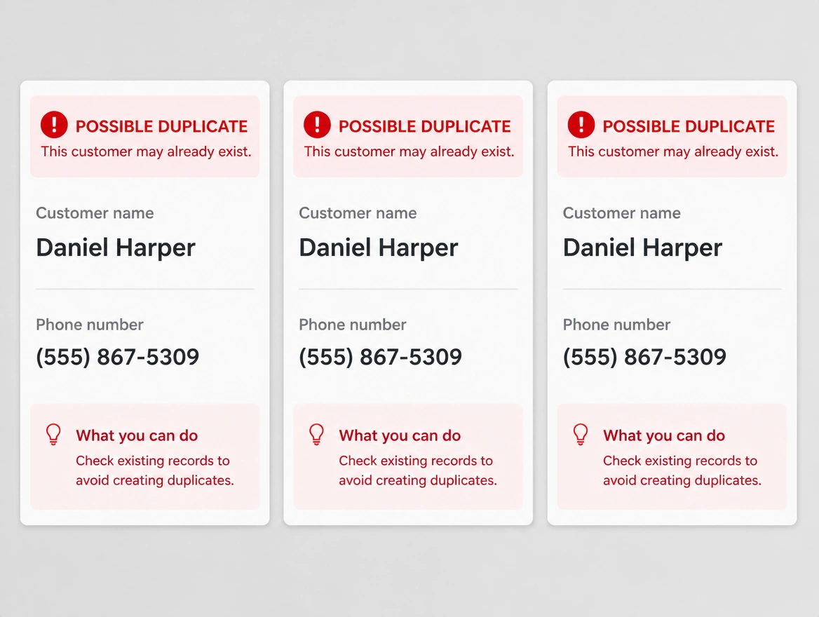 The same customer details typed into a form, a spreadsheet and a chat window