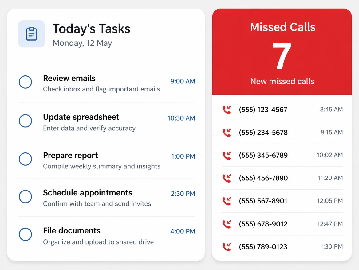 Morning task list full of admin while missed calls stack up beside it
