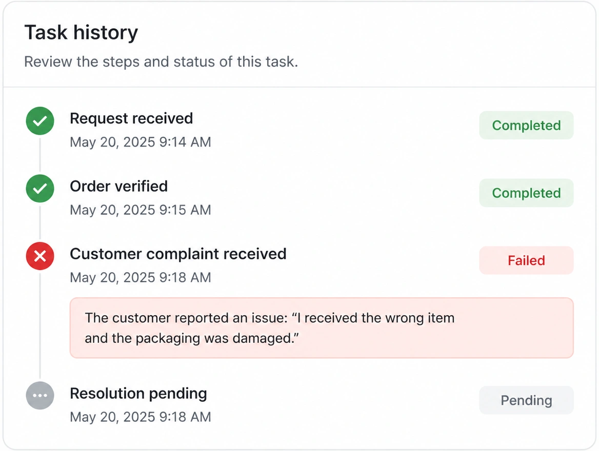 A customer complaint arriving beside a task that failed days earlier