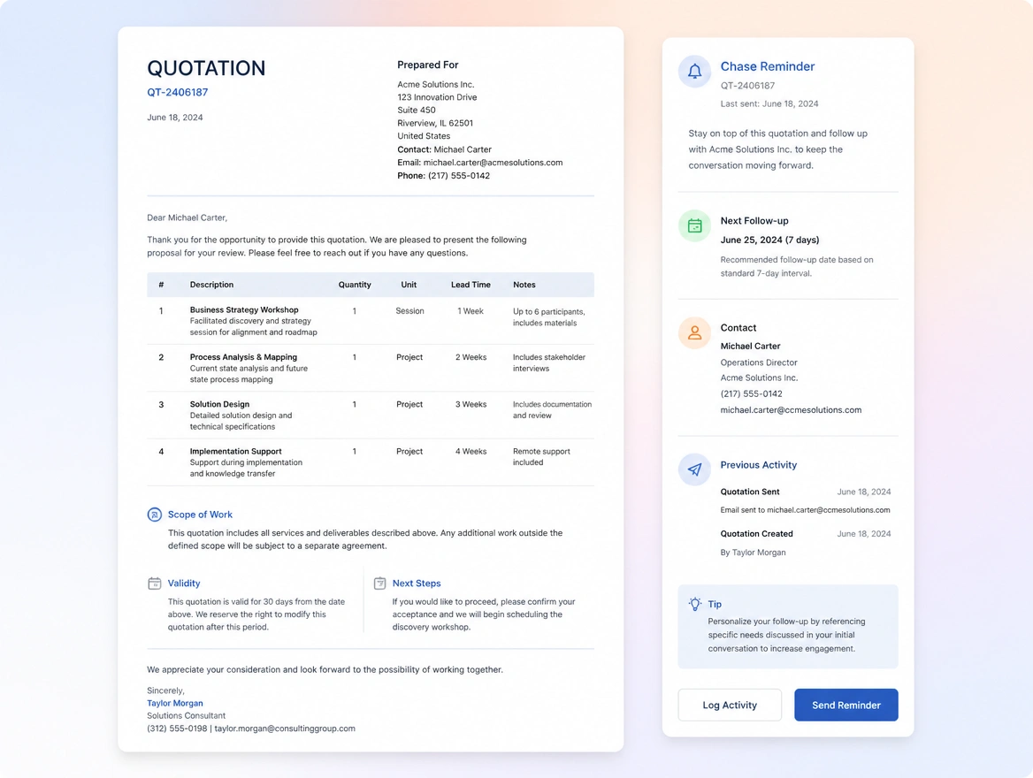 Website mockup showing quote and invoice flows