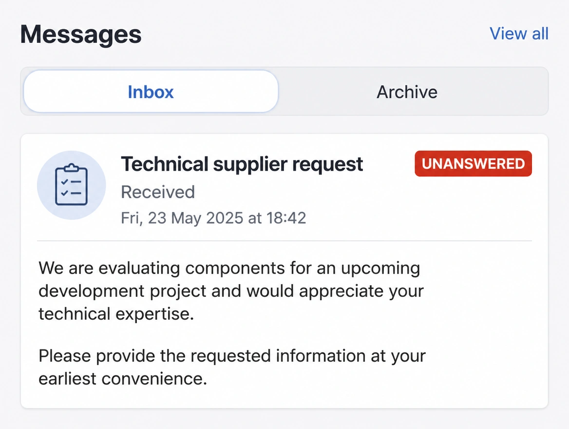 A supplier specification received on Friday evening with no reply sent