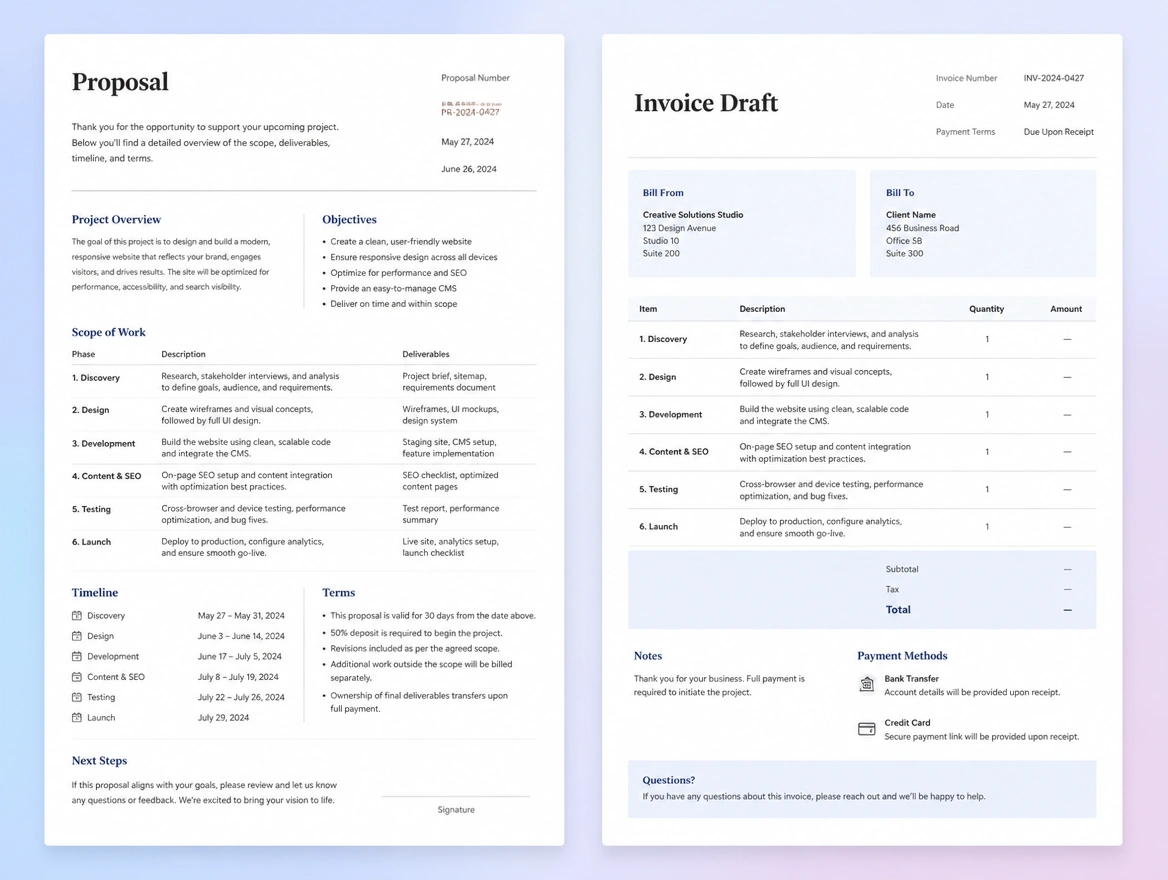 Website mockup showing quote and invoice flows