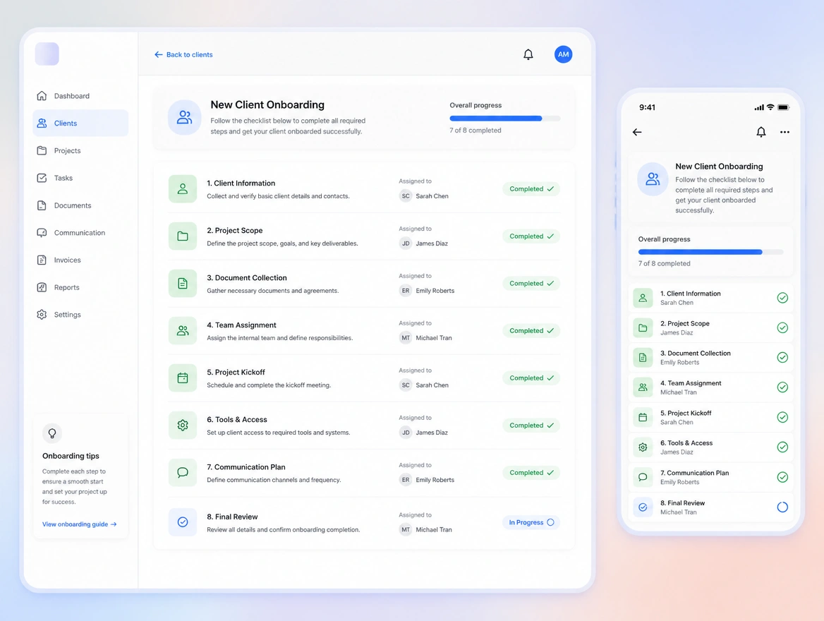 Website mockup showing onboarding and handover