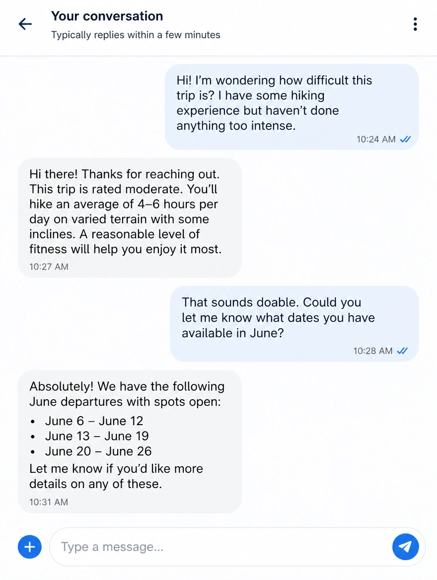 Mobile chat answering a trip difficulty question and checking dates