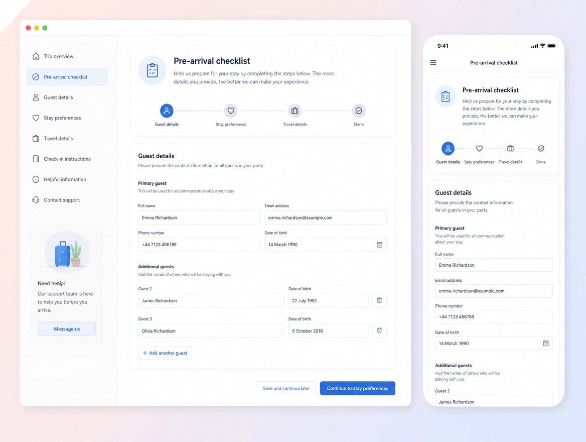 Website mockup showing onboarding and handover