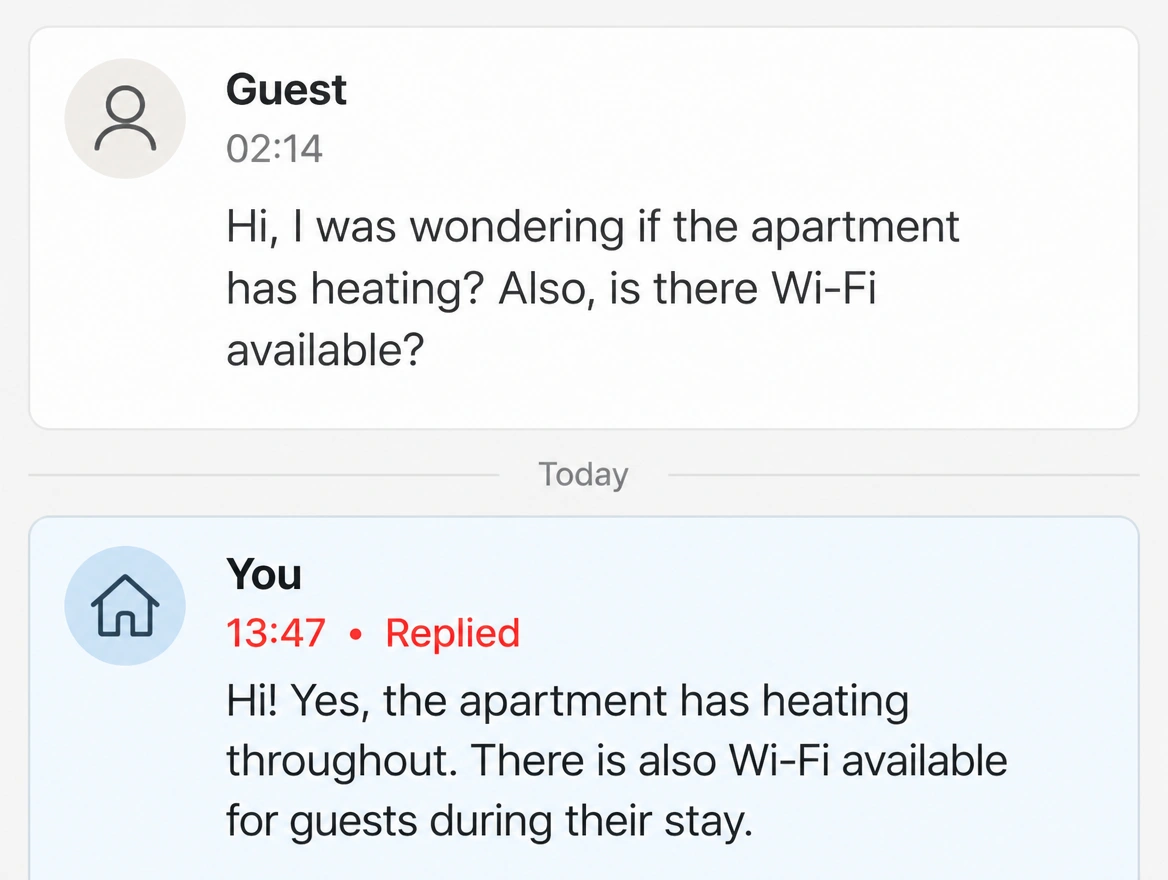 A guest message timestamped in the early hours with a reply sent much later