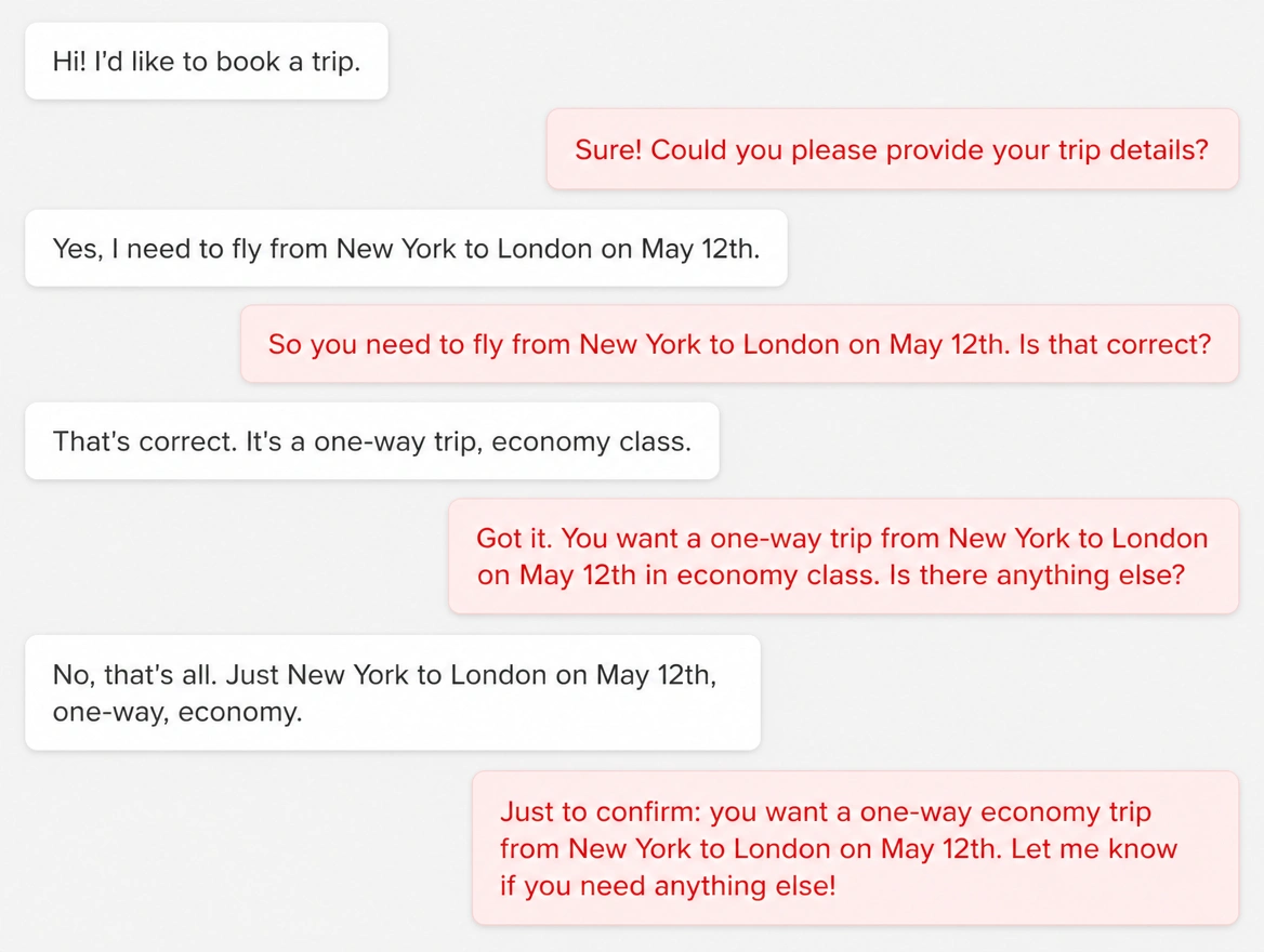 A long booking thread repeating the same trip details many times over