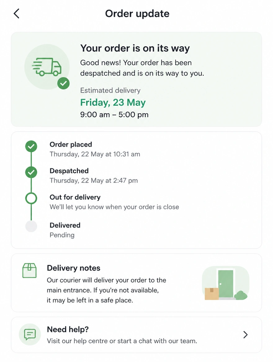 Mobile delivery update sent to a customer as the job is despatched