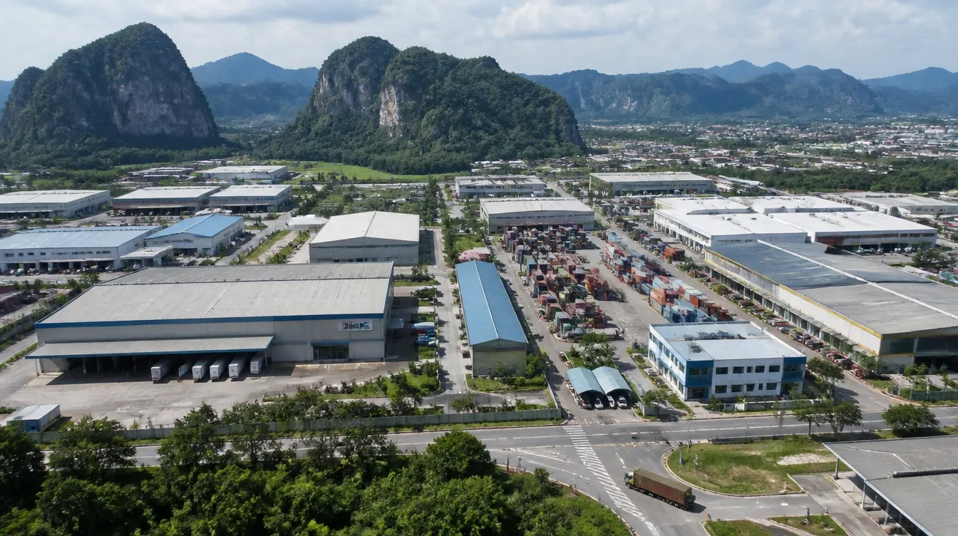 An overview of Meru in Ipoh, logistics warehouses and yards below the limestone hills