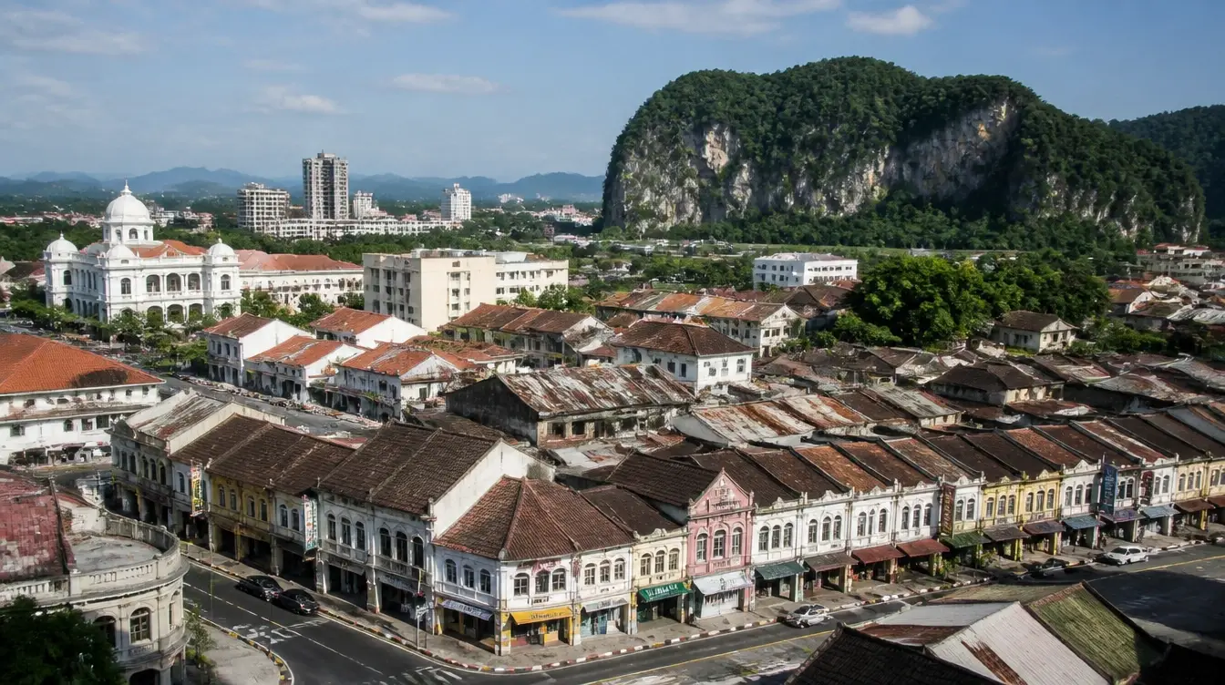 An overview of Ipoh Old Town, heritage shophouse rows below the limestone hills