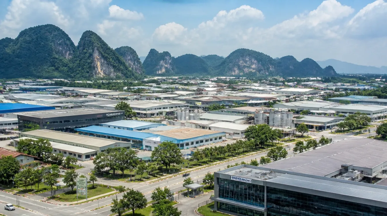 An overview of the Tasek industrial estate in Ipoh, factory plants below the limestone hills