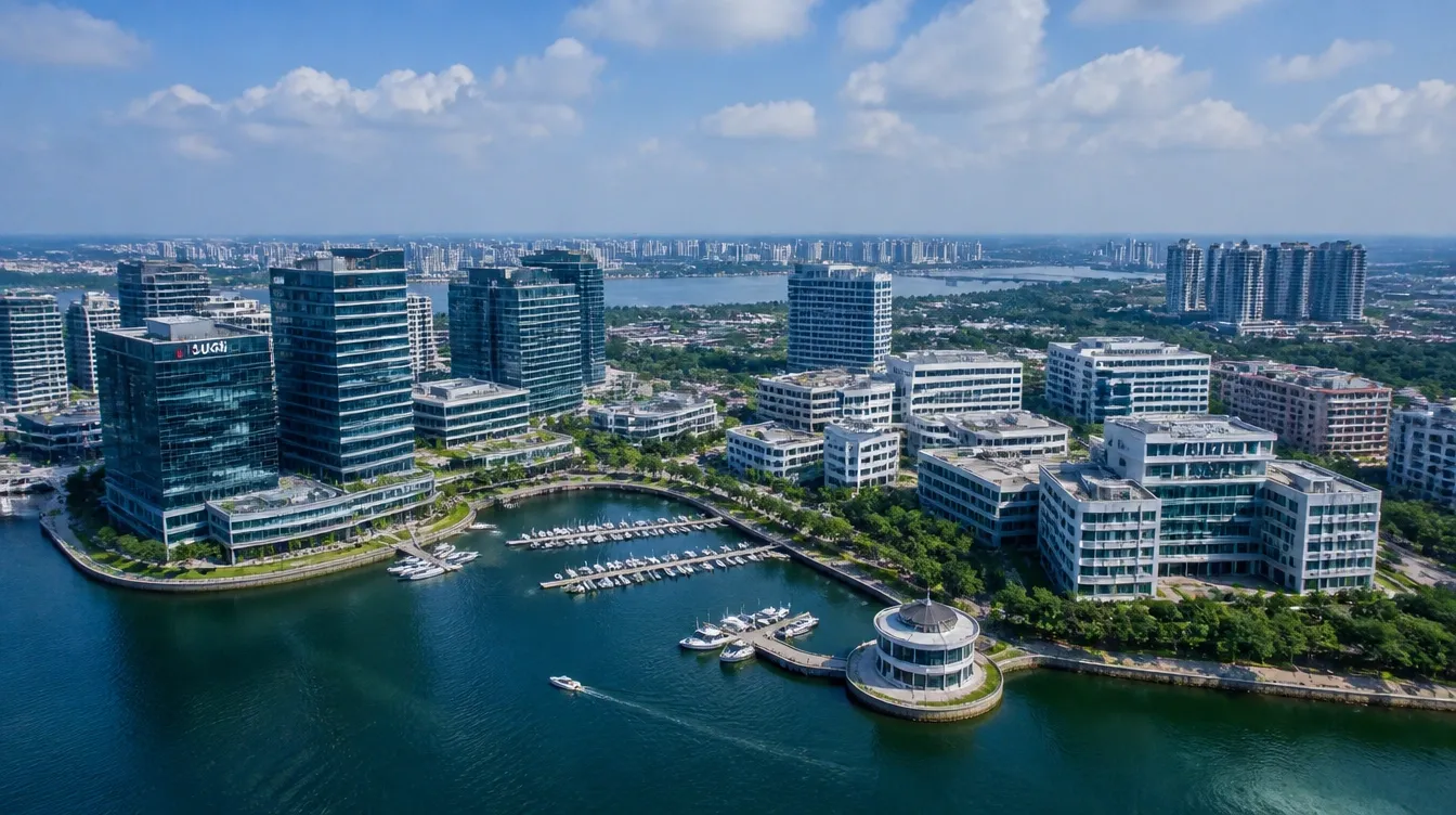 An overview of Iskandar Puteri in Johor, waterfront offices and campuses beside the marina