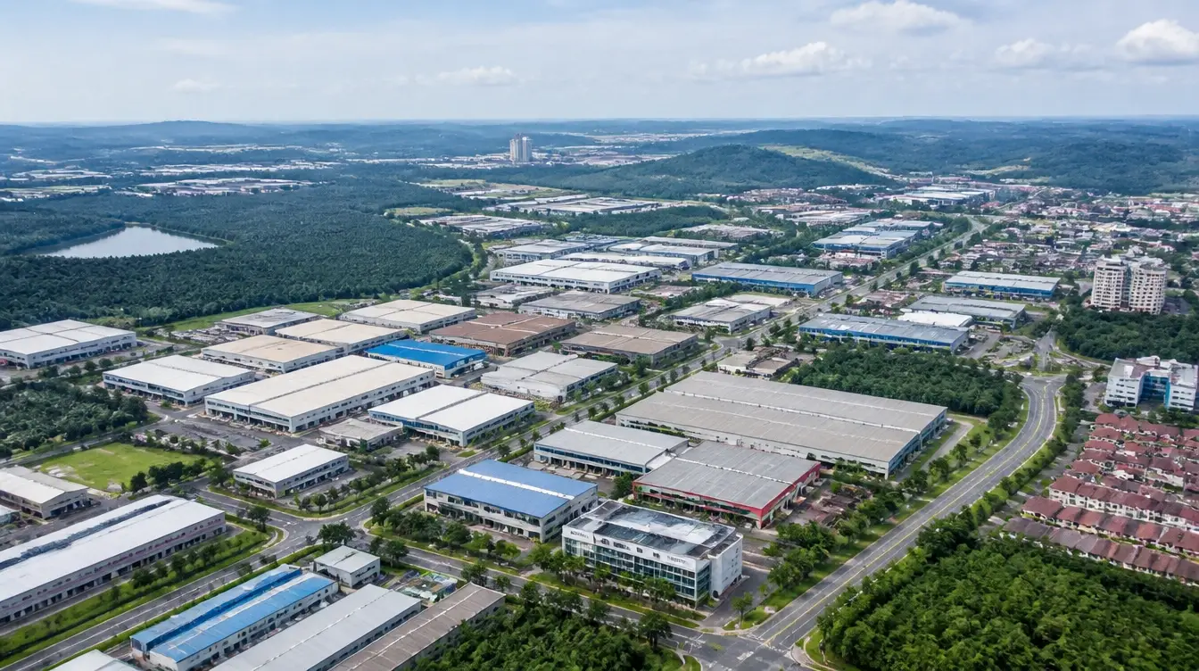 An overview of Kulai in Johor, factory estates and warehouses surrounded by plantations