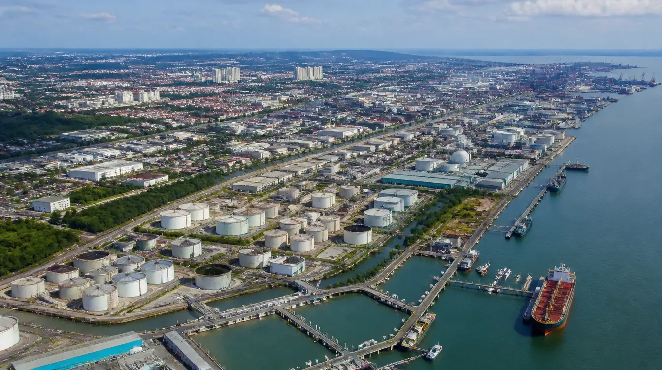An overview of Pasir Gudang in Johor, port terminals and storage tanks along the waterfront